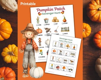 Può includere: Un gioco stampabile di Pumpkin Patch Scavenger Hunt con illustrazioni di zucche, mais e uno spaventapasseri. L'immagine include una figura di spaventapasseri e diverse zucche di vari colori, perfetto per le attività autunnali.