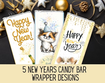 New Years Candy Bar Wrappers, Cute Printable Templates, Instant Download for New Year Party Favors