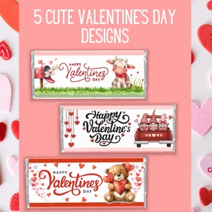 Pode incluir: Designs de barras de chocolate do Dia dos Namorados com ilustrações de uma vaca, gnomos numa carrinha e um ursinho de peluche. As barras são decoradas com corações e o texto "Happy Valentine's Day". Corações de várias cores rodeiam as barras.
