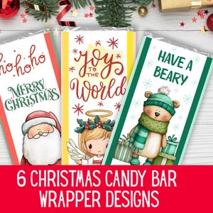 Może przedstawiać: Sześć wzorów opakowań na świąteczne batony. Opakowania zawierają świąteczne ilustracje i tekst, w tym Świętego Mikołaja, anioła i niedźwiedzia. Opakowania mają czerwone, żółte i zielone obramowania z tekstem o tematyce świątecznej.