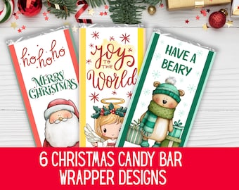 6 Christmas Candy Bar Wrappers, Printable Chocolate Labels, Holiday Favors for Kids and Adults, Santa, Angel, Snowman, Penguin, Gnome & Bear