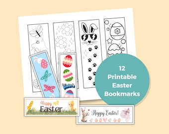 Easter Printable Bookmarks Set of 12 - Adorable Easter Eggs, Bunnies & Chicks Designs, Kids DIY and Ready-to-Use Bookmarks, Digital Download