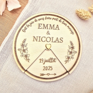 Faire-part personnalisé de mariage ou baptême original en bois, invitation à tourner pour un évènement, save the date