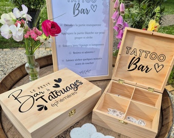 Bar à tatouages éphémères animation mariage baptême anniversaire boite en bois - Tattoo bar personnalisé cadeau activité tatouage temporaire