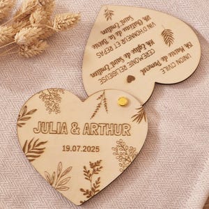 Faire-part en bois personnalisé de mariage ou baptême original, invitation à tourner pour un évènement, Save The Date en forme de cœur