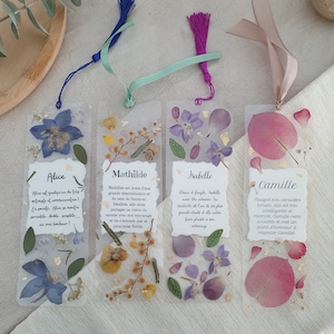 Può includere: Quattro segnalibri trasparenti con fiori pressati e dettagli in foglia d'oro. Ogni segnalibro ha un nome diverso e una breve descrizione della persona. I nomi sono Alice, Mathilde, Isabelle e Camille.