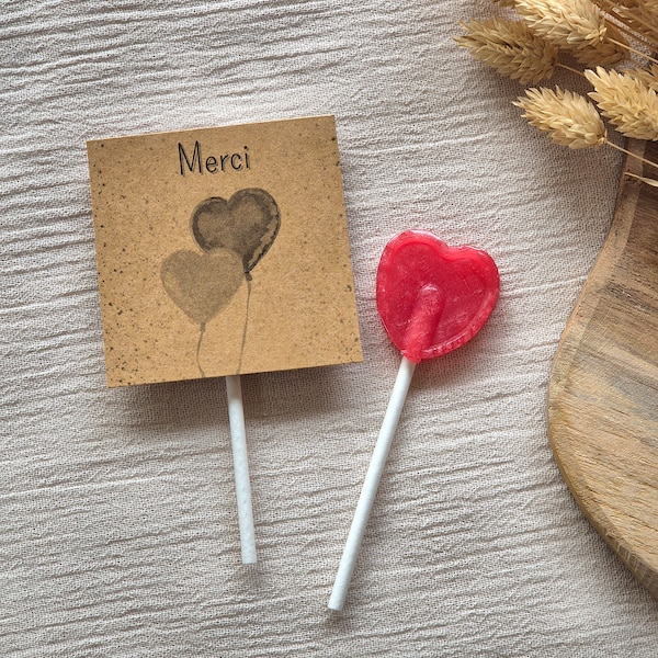 Sucette coeur rouge cadeaux d'invités pour mariage, baptême, anniversaire et évènements avec étiquette KRAFT