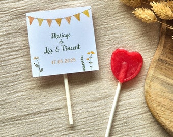 Sucette coeur rouge cadeaux d'invités pour mariage, baptême, anniversaire et évènements avec étiquette fond blanc motif colorés