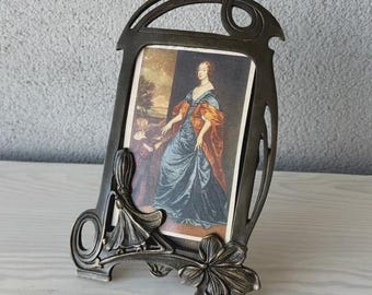 Cornice portafoto floreale in stile Art Nouveau antico - Elegante cornice in metallo con finitura in ottone e dettaglio a iris - Decorazione da scrivania vintage e stravagante
