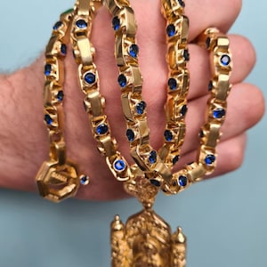 925 sterling silver chain plated with 24k gold; men&#39;s silver gold plated necklace with blue stones; set of necklace with icon pendant;saint