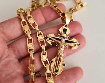 Collana Con Croce E Catena In Oro 9 Carati • Battesimo • Cresima • Regalo Di Battesimo • Collana Con Ciondolo Crocifisso In Oro Massiccio - Italia - Foto 7