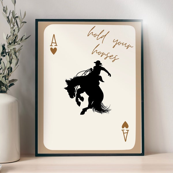 Hold Your Horses Ace Card, Bucking Bronco, Rodeo Cowboy, Western Illustration, Western Wall Art, Cowgirl Decor, Game Room, Pool Room Art