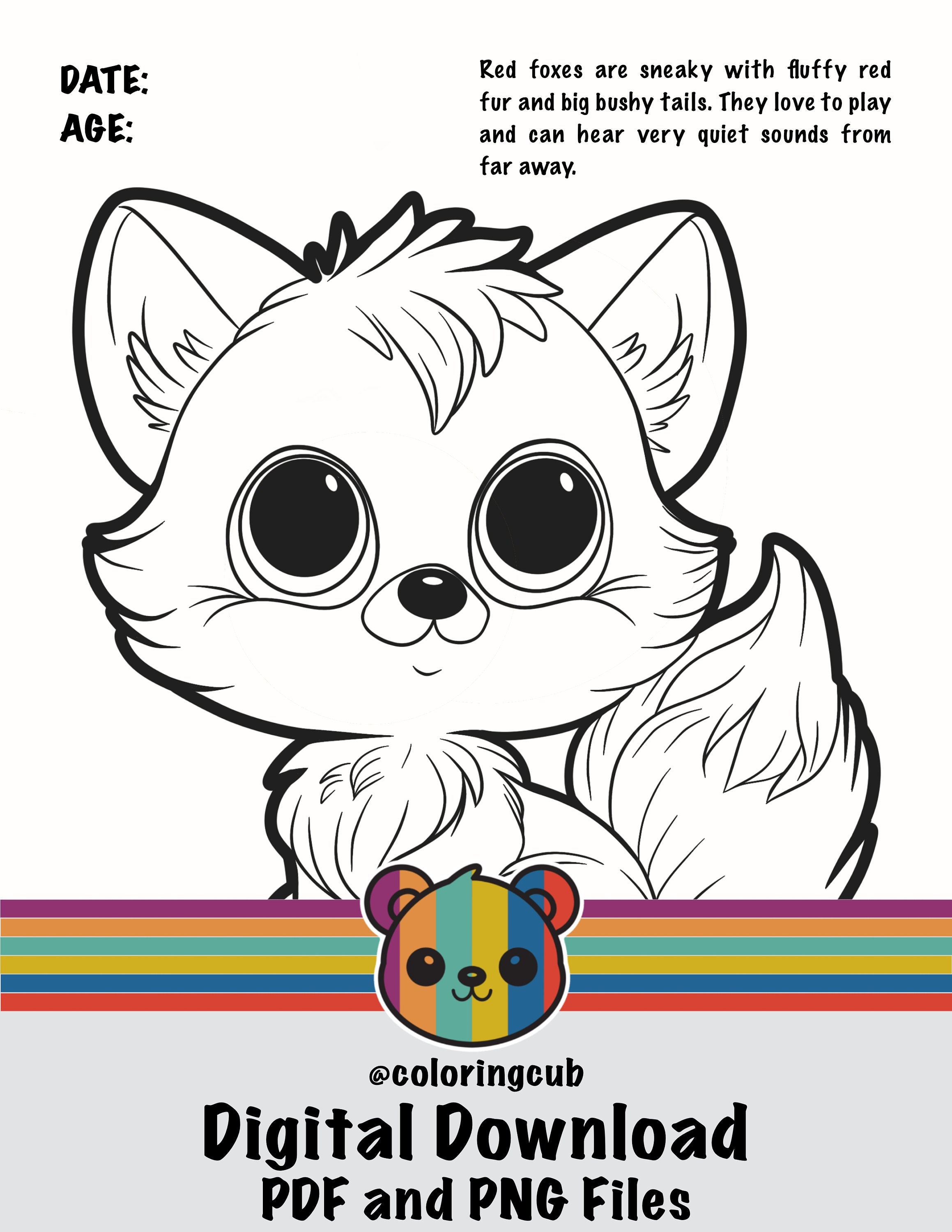 Cute Baby Red Fox Coloring Page, Digital Download, Printable Children's