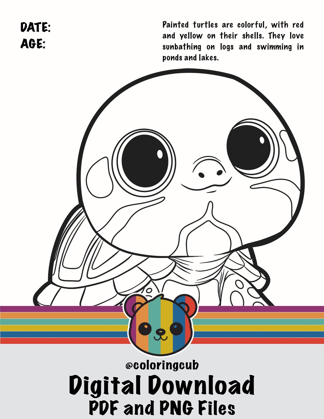 Cute Baby Painted Turtle Coloring Page, Digital Download, Printable ...