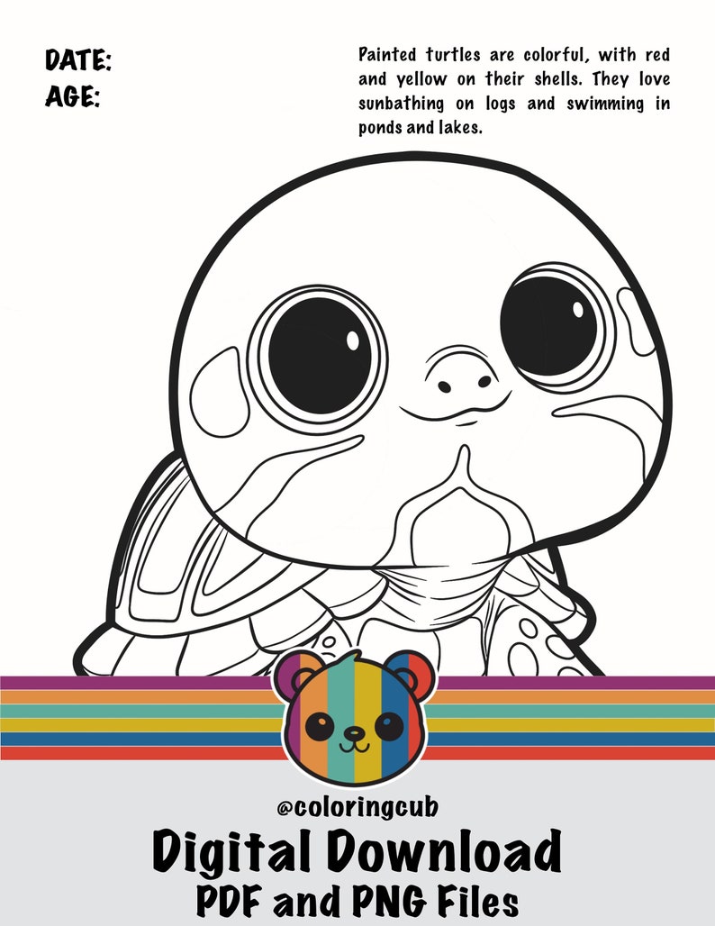 Cute Baby Painted Turtle Coloring Page, Digital Download, Printable ...
