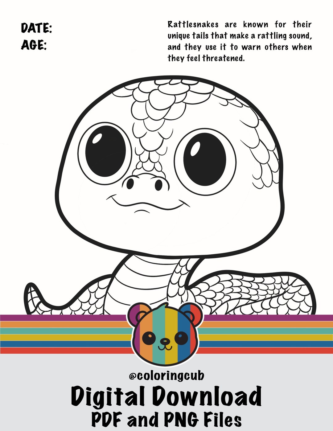 Cute Baby Rattlesnake Coloring Page, Digital Download, Printable
