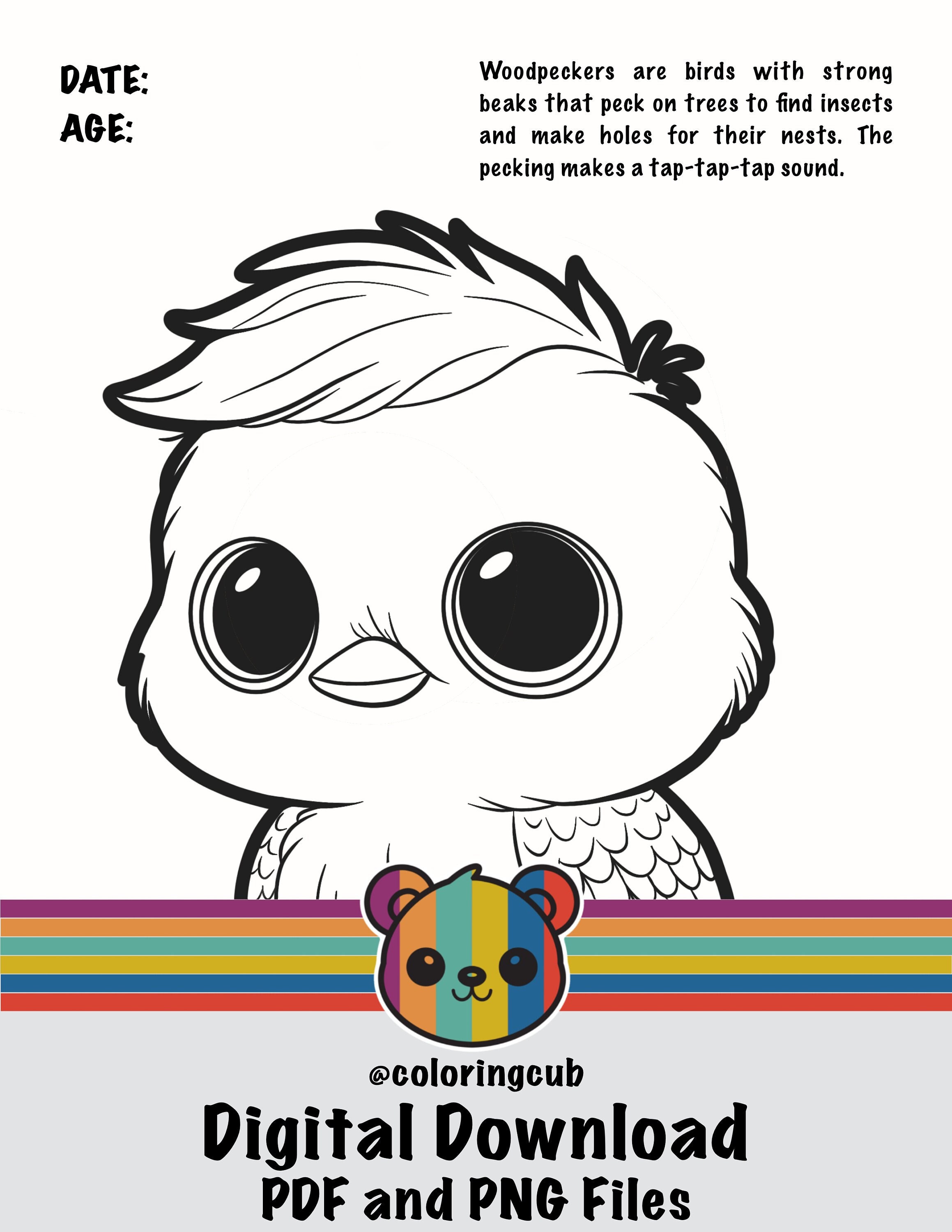 Cute Baby Woodpecker Coloring Page, Digital Download, Printable