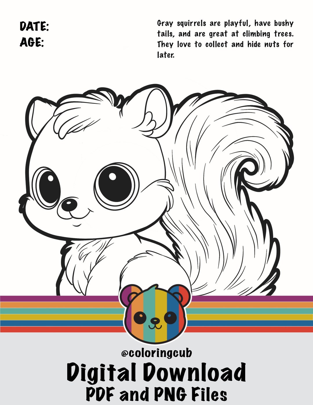 Cute Baby Gray Squirrel Coloring Page, Digital Download, Printable ...