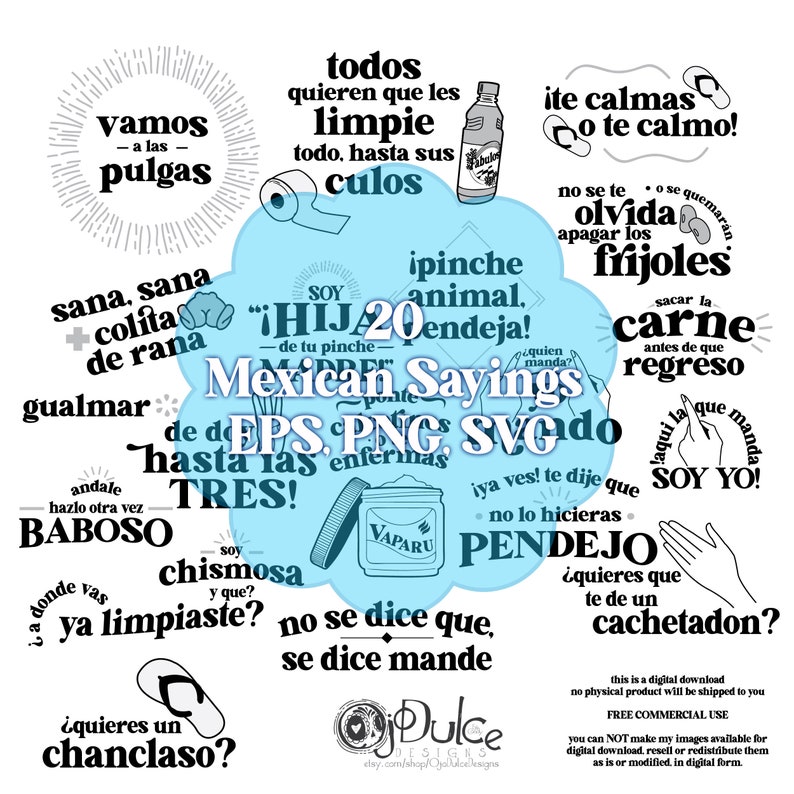 May include: A blue and white illustration of Mexican sayings with phrases like "Sana, sana, colita de rana" and "&iexcl;HIJA 20 endeja!"  The illustration is surrounded by a white border and includes a variety of other sayings in Spanish.