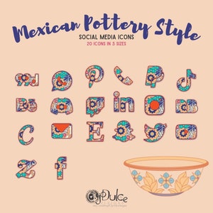 May include: A set of 20 social media icons in 5 sizes, featuring a Mexican pottery style. The icons are colorful and feature intricate designs. The icons include popular social media platforms such as Facebook, Instagram, Twitter, Pinterest, and YouTube.