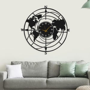 World Map Metal Wall Clock, Geographic Compass Design, Silent Black Statement Clock,Office and Traveler Gift Decor,Abstract Global Sculpture