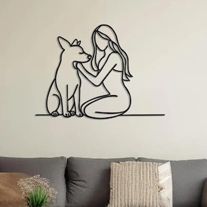 Woman and Dog Metal Line Art: Modern Wire Wall Decor