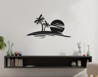 Decorazione murale in metallo con oceano e palme, decorazione da spiaggia tropicale, decorazione murale con vita marina, decorazione murale ispirata alla natura, regalo di inaugurazione della casa