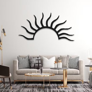 Decoración de pared de metal con forma de sol, arte moderno con forma de sol, decoración minimalista, decoración sobre la cama, sol de metal único, arte del amanecer, decoración de playa, regalo de inauguración de la casa