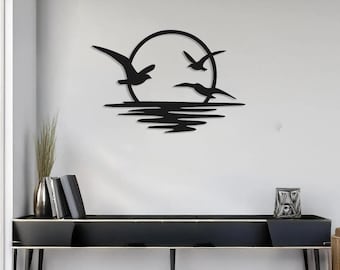 Sunrise Metal Wall Art, Sun and Seagulls Wall Decor for Living Room, Above Bed Metal Art, Modern Wall Hanging, Housewarming Gift for Dad