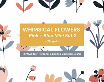 Whimsical Flowers Clipart: Pink & Blue Flat Design (Digital Images)
