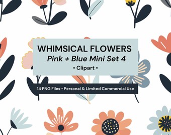 Whimsical Pink & Blue Flower Clipart: Flat Design (Digital Download)