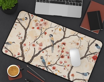 Chinoiserie Inspired Desk Mat Bird Design Branch Blossom Vintage Floral Blooming Mat Stylish Office Decor