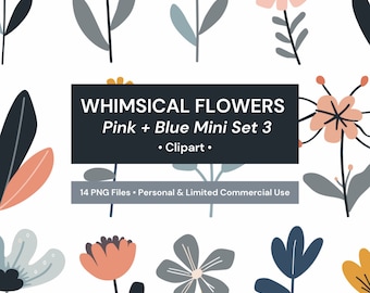 Whimsical Flower Clipart: Pink & Blue Flat Design (Digital Images)