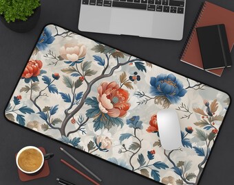 Vintage Floral Chinoiserie Inspired Design Desk Mat Spring Flowers Mat Blooms Muted Tones Chic Office Decor