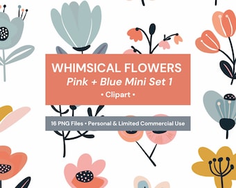 Whimsical Flowers Clipart Digital Images Pink Blue Clipart Set Instant Download Flat Design
