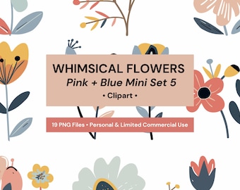 Whimsical Flower Clipart: Pink & Blue Flat Design (Digital Images)