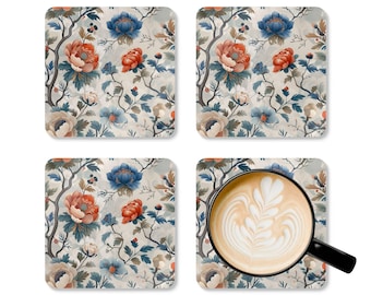 Vintage Floral Chinoiserie Inspired Design Coaster Set Spring Flowers Coasters Blooms Muted Tones Chic Office Decor