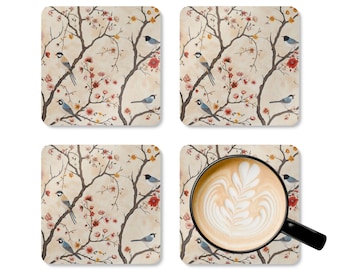 Chinoiserie Inspired Coaster Set Bird Design Branch Blossom Vintage Floral Blooming Coasters Stylish Office Decor