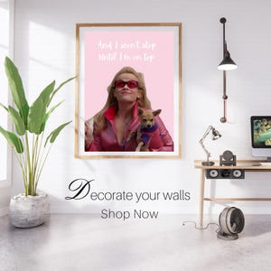 May include: A framed print with a woman in pink clothing and sunglasses holding a small dog. The print includes the text "And I won't stop until I'm on top". The text "Decorate your walls Shop Now" is below the print.