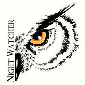 May include: A black and white illustration of an owl's eye, with a yellow and orange iris. The text "NIGHT WATCHER" is printed vertically on the left side of the image. The owl's eye is detailed with black and white feathers.