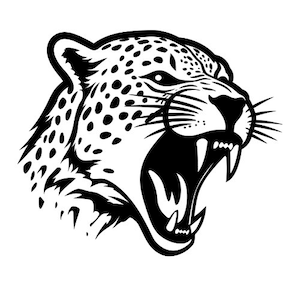 Puede incluir: Ilustración en blanco y negro de la cabeza de un leopardo rugiente con un patrón de manchas.