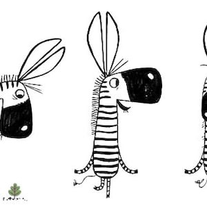 Puede incluir: Tres ilustraciones de cebras en blanco y negro con orejas largas y cuerpos rayados. La cebra de la izquierda mira hacia abajo, la cebra del medio mira hacia la derecha y la cebra de la derecha está saludando.