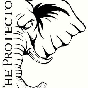 May include: A monochrome illustration featuring an elephant's head and trunk. The words "THE PROTECTOR" are vertically aligned on the left. The elephant's eye is focused, and the tusks are visible.