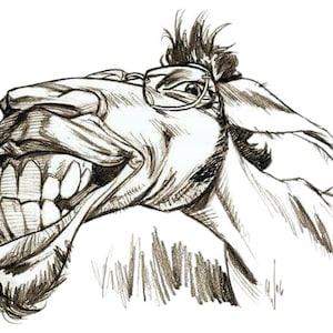 Pode incluir: Um desenho a preto e branco de um burro a usar óculos e a sorrir com a boca aberta.