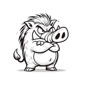 Puede incluir: Una ilustración de dibujos animados en blanco y negro de un jabalí erizado, de aspecto enojado, con un hocico grande y los brazos cruzados.
