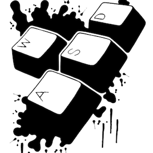 May include: Black and white illustration of computer keyboard keys, including the letters 'W', 'A', 'S', and 'D', splattered with black paint.