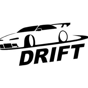 Puede incluir: Silueta en blanco y negro de un coche derrapando en una pista con la palabra "DRIFT" en letras negritas debajo.
