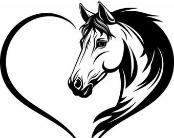 May include: Black and white line art illustration of a horse's head inside a heart shape.