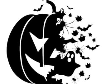 May include: A black silhouette graphic featuring a carved pumpkin with a jagged face. The right side of the pumpkin dissolves into a swarm of small bats, ghosts, spiders, and maple leaves, creating a dynamic, scattered effect against a plain background.