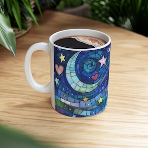 Mosaic Crescent Moon Coffee Mug: Whimsical Starry Night Art